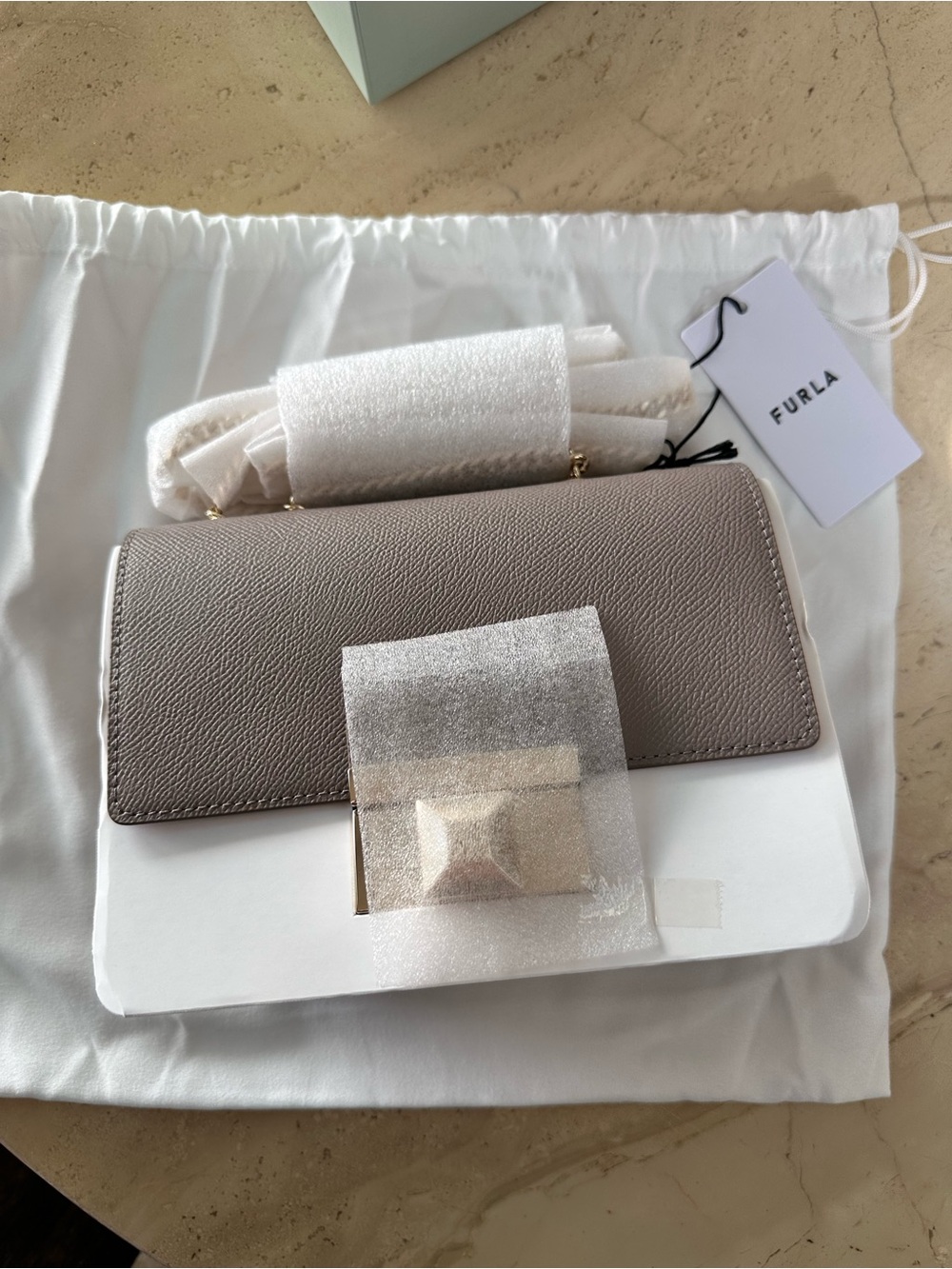 Furla Taupe Gray Leather Crossbody Bag with Gold Hardware